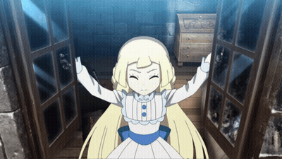 A Girl In A White Dress Is Standing In Front Of A Door With Her Arms Outstretched GIF