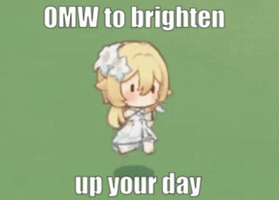 A Girl In A White Dress Is Walking On A Green Field With The Words `` Omw To Brighten Up Your Day '' . GIF