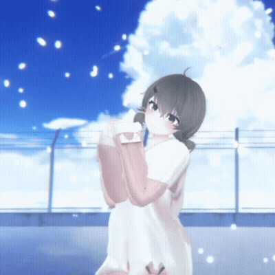 A Girl In A White Dress Stands In Front Of A Blue Sky GIF