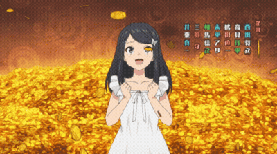 A Girl In A White Dress Stands In Front Of A Pile Of Gold GIF
