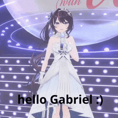 A Girl In A White Dress Stands On A Stage With A Microphone And Says Hello Gabriel GIF