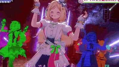 A Girl In A White Dress With A Green Bow Is Dancing In A Video Game . GIF