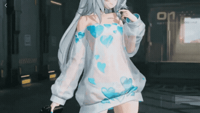 A Girl In A White Dress With Blue Hearts On The Sleeves GIF