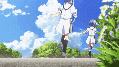 A Girl In A White Dress With The Letter T On It Is Running With Another Girl GIF