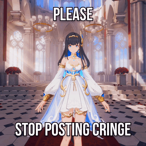 A Girl In A White Dress With The Words Please Stop Posting Cringe On The Bottom GIF