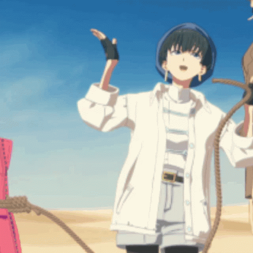 A Girl In A White Jacket And Shorts Is Holding A Rope GIF