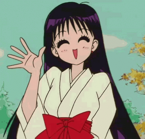 A Girl In A White Kimono With A Red Bow On Her Skirt Is Waving Her Hand . GIF