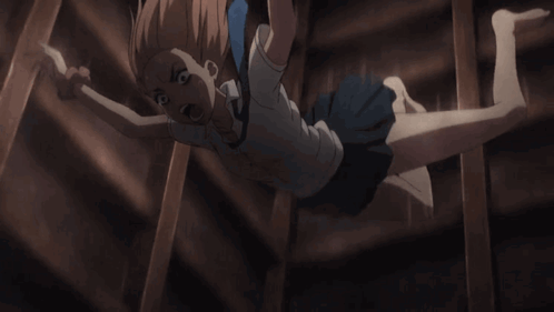 A Girl In A White Shirt And Blue Skirt Is Falling Down GIF