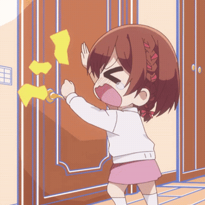 A Girl In A White Shirt And Pink Skirt Is Standing In Front Of A Door GIF
