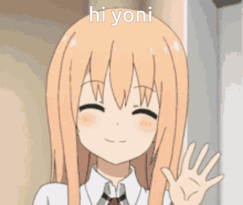 A Girl In A White Shirt And Tie Waves Her Hand With The Words Hi Yoni Above Her GIF