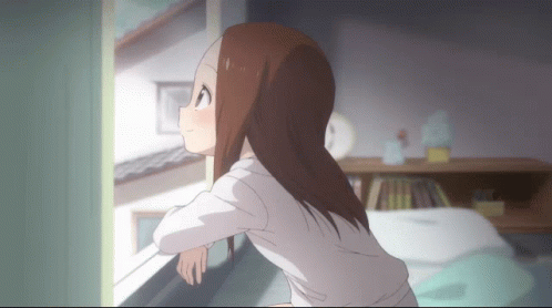 A Girl In A White Shirt Is Leaning On A Wall And Looking Out A Window GIF