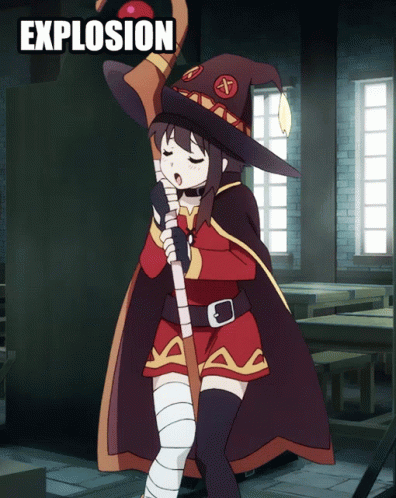 A Girl In A Witch Costume Is Holding A Broom In Front Of A Sign That Says " Explosion " GIF