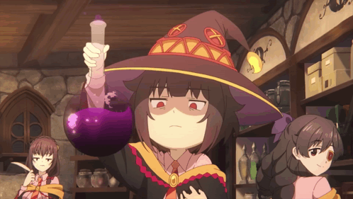 A Girl In A Witch Hat Is Holding A Purple Flask GIF