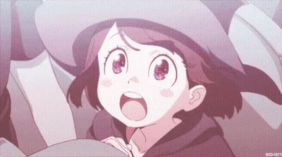 A Girl In A Witch Hat Is Looking Up With Her Mouth Wide Open GIF