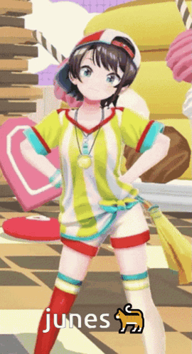 A Girl In A Yellow And White Striped Shirt With The Word Junes On The Bottom GIF