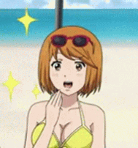 A Girl In A Yellow Bikini Is Standing On A Beach Wearing Sunglasses . GIF