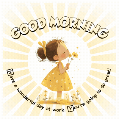 A Girl In A Yellow Dress Blowing On A Flower With The Words " Good Morning " Above Her GIF
