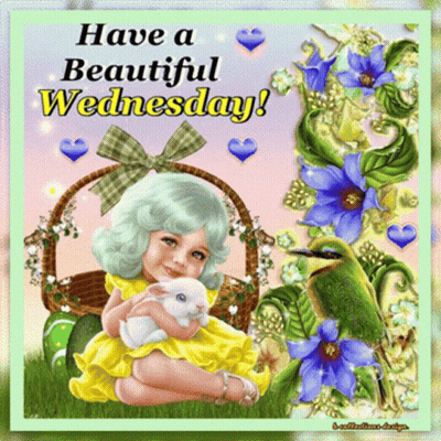 A Girl In A Yellow Dress Is Holding A White Rabbit With The Words Have A Beautiful Wednesday Below Her GIF