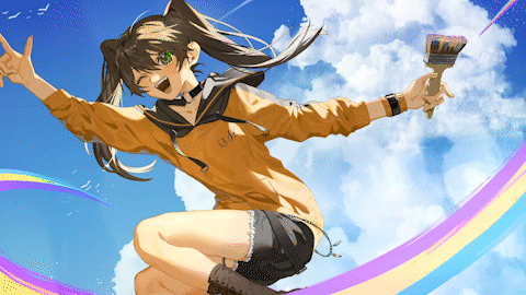 A Girl In A Yellow Hoodie Is Jumping In The Air Holding A Brush GIF