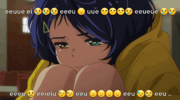 A Girl In A Yellow Hoodie Is Kneeling Down With A Bunch Of Emojis Behind Her GIF