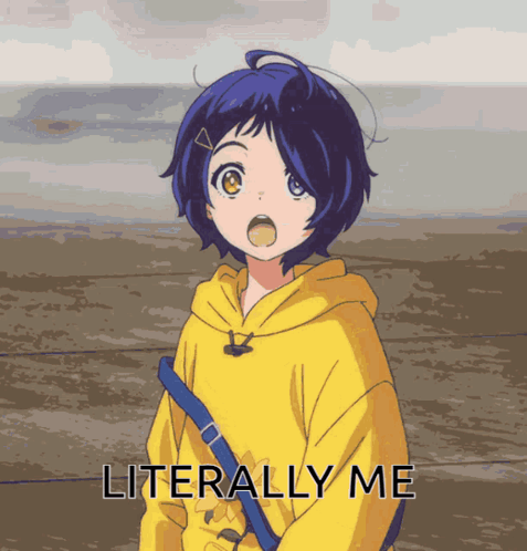 A Girl In A Yellow Hoodie With The Words Literally Me Written Below Her GIF