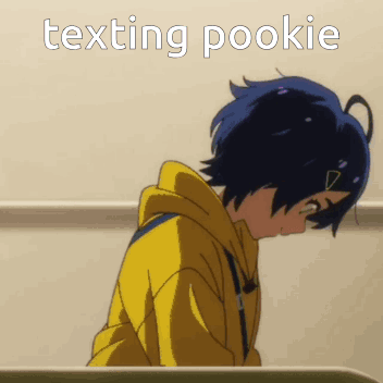 A Girl In A Yellow Hoodie With The Words Texting Pookie Written On It GIF
