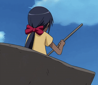 A Girl In A Yellow Shirt With A Red Bow On Her Back Is Holding A Stick GIF