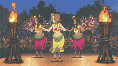 A Girl In A Yellow Skirt Is Dancing In Front Of Two Torches GIF