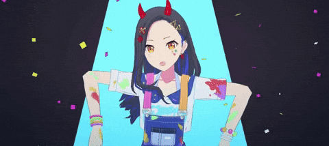 A Girl In Overalls Is Standing In A Dark Room With Her Arms In The Air . GIF