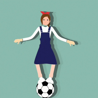 A Girl In Overalls Is Standing On A Soccer Ball With Her Arms Outstretched GIF