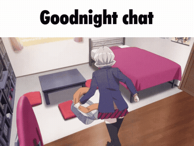 A Girl Is Carrying A Boy In A Room With The Words " Goodnight Chat " Above Her GIF