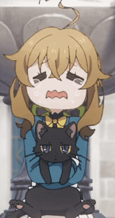 A Girl Is Crying While Holding A Black Cat In Her Arms GIF