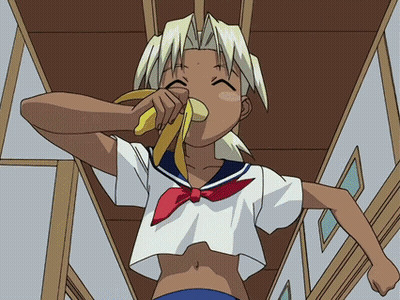 A Girl Is Eating A Banana In A Hallway GIF