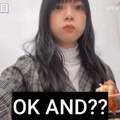 A Girl Is Eating A Piece Of Food With The Word Ok And Written On The Bottom GIF
