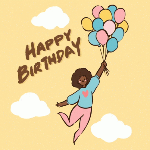 A Girl Is Flying Through The Air Holding Balloons And The Words Happy Birthday Are Above Her GIF