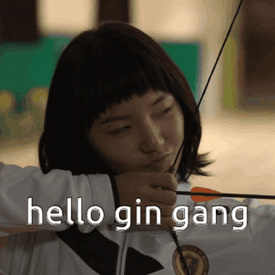 A Girl Is Holding A Bow And Arrow And The Words Hello Gin Gang Are Above Her GIF