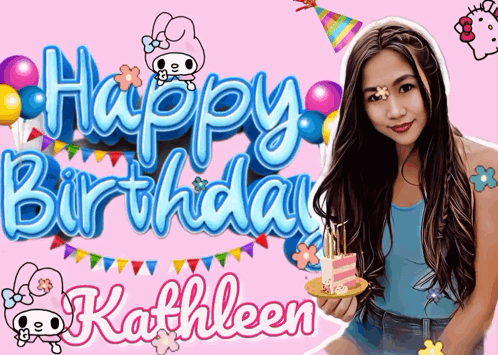 A Girl Is Holding A Cake In Front Of A Pink Background That Says " Happy Birthday Kathleen " GIF