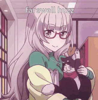 A Girl Is Holding A Cat In Her Arms With The Words Farewell Huzz On The Bottom GIF