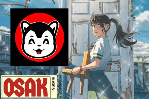 A Girl Is Holding A Chair In Front Of A Door And A Sign That Says Osaka GIF