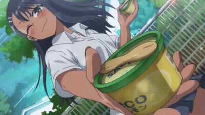 A Girl Is Holding A Container Of Ice Cream That Says Go GIF