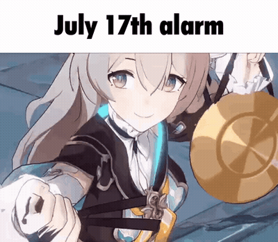 A Girl Is Holding A Gong And Pointing At The Camera With The Words `` July 17Th Alarm '' . GIF