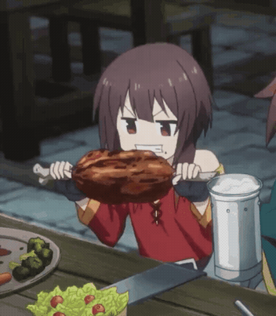 A Girl Is Holding A Large Piece Of Meat In Her Hands GIF
