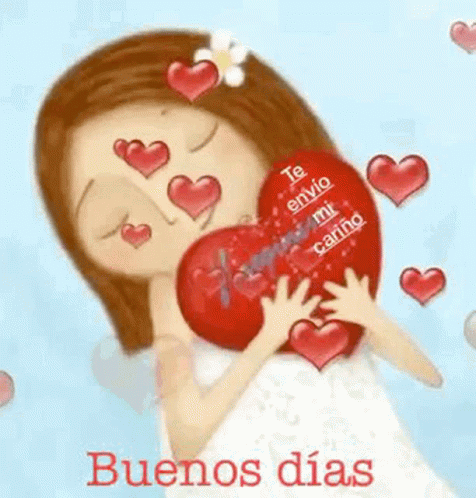 A Girl Is Holding A Red Heart With Hearts Coming Out Of It And Says `` Buenos Dias '' . GIF