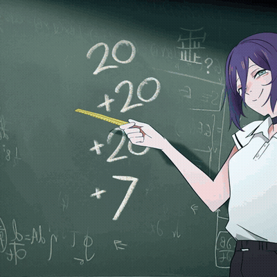 A Girl Is Holding A Ruler In Front Of A Blackboard That Says 20 + 20 + 7 GIF