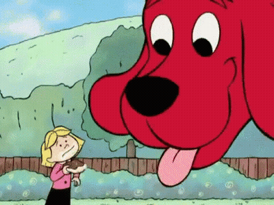 A Girl Is Holding A Stuffed Animal Next To A Large Red Dog . GIF