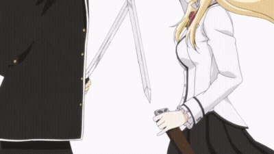A Girl Is Holding A Sword Next To A Man In A Black Suit GIF