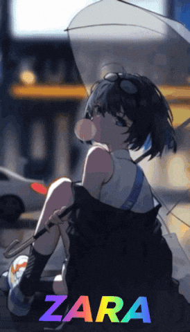 A Girl Is Holding An Umbrella And Blowing A Bubble With The Word Zara Behind Her GIF