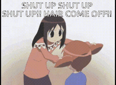 A Girl Is Hugging A Boy With The Words `` Shut Up Shut Up Shut Up !! Hair Come Off ! '' GIF