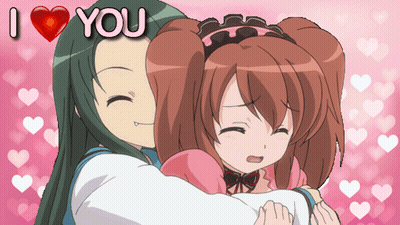 A Girl Is Hugging Another Girl With The Words I Love You Above Them GIF