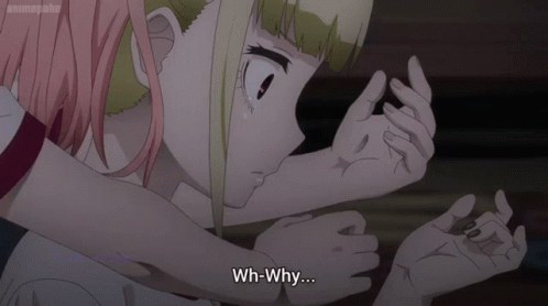 A Girl Is Hugging Another Girl With The Words Wh-Why Written On The Bottom GIF